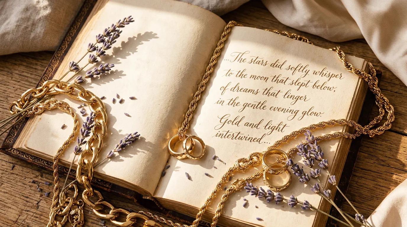 Jewelry on vintage book in warm sunlight