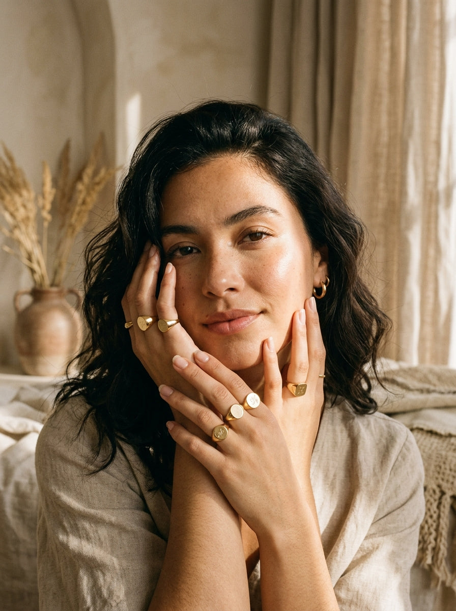Micro signet rings on elegant hands